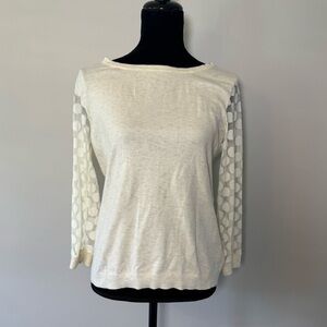 Sparrow Crewneck Sweater Women’s Large Off White Sheer Polka Dot Sleeves Buttons
